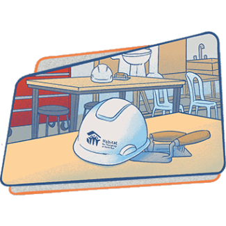 dibujo de un casco protector con el logo de Habitat for Humanity de Puerto Rico encima de una mesa