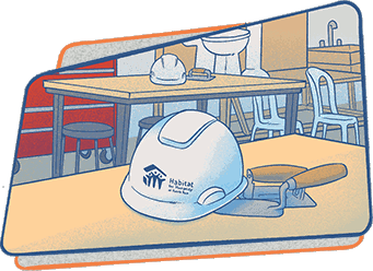 dibujo de un casco protector con el logo de Habitat for Humanity de Puerto Rico encima de una mesa