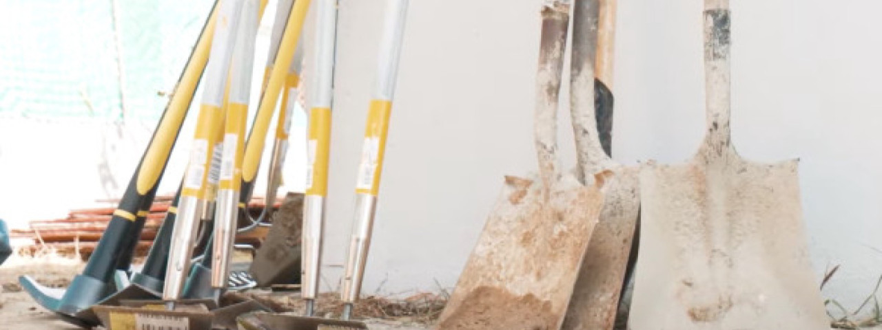 Tools leaning against a wall during the construction of a home