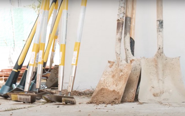 Tools leaning against a wall during the construction of a home